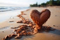 sand heart shape on beach background. Couples traveling and dating. Generative Ai.