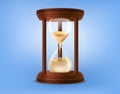 Sand hourglass, 3d glass watch. Sandglass clock on wooden stand, golden times, business history. Time measure instrument Royalty Free Stock Photo