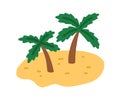 Sand island with palm trees. Tropical deserted uninhabited land with exotic plants and sandy beach in doodle style. Flat