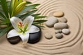 Sand with lily flower and pebbles. Generate ai Royalty Free Stock Photo