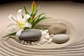 Sand with lily flower surrounded with spa stones. Generate ai Royalty Free Stock Photo