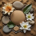 sand, lily and spa stones in zen garden - generated by ai Royalty Free Stock Photo
