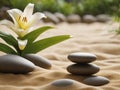 sand, lily and spa stones in zen garden - generated by ai Royalty Free Stock Photo