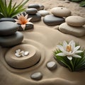 sand, lily and spa stones in zen garden - generated by ai Royalty Free Stock Photo