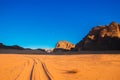 Sand mountain The Seven Pillars of Wisdom against the blue sky, Jordan, Wadi RAM desert Royalty Free Stock Photo