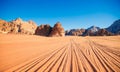 Sand mountain The Seven Pillars of Wisdom against the blue sky, Jordan, Wadi Rum desert Royalty Free Stock Photo