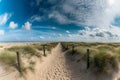 Sand path beach blue sky. Generate Ai Royalty Free Stock Photo