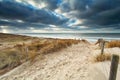 Sand path with fence to North sea beach Royalty Free Stock Photo