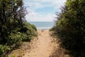 Sand pathway access to french sea coast of atlantic beach in summer day Royalty Free Stock Photo