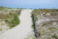 Sand pathway leading over a grassy beach sand dune with a spit rail wooden fence Royalty Free Stock Photo