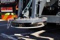 Sand, reagent and salt spreader mechanism on special vehicle. Back part of maintenance service truck