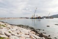 Sand replenishment ship on shore for land reclamation Royalty Free Stock Photo