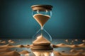 Sand running through bulbs hourglass measuring passing time in countdown to deadline, on dark background. Generative AI Royalty Free Stock Photo