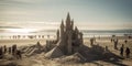 Sand sculptor meticulously shapes a detailed, impressive castle on a beach, complete with towers, attracting a crowd of Royalty Free Stock Photo