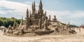 Sand sculptor meticulously shapes a detailed, impressive castle on a beach, complete with towers, attracting a crowd of Royalty Free Stock Photo