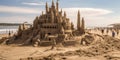 Sand sculptor meticulously shapes a detailed, impressive castle on a beach, complete with towers, attracting a crowd of Royalty Free Stock Photo