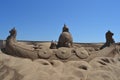 Sand sculpture depicting viking warriors in a viking ship