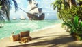 Sand, sea, sky, clouds, palm trees and a clear summer day. Pirate frigates docked near the island. Pirate island and