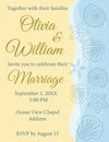 Sand and sea Wedding invitation with starfish and seashell. Beach background