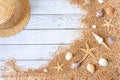 Sand seashells background. Summer time concept with sea shells and starfish on wooden background and sand Royalty Free Stock Photo