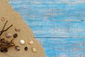 Sand and seashells on blue wooden floor ,top view with copy space ,summer holiday concept background Royalty Free Stock Photo