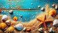 sand with seashells and starfish on wooden turquoise background