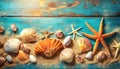 sand with seashells and starfish on wooden turquoise background