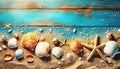 sand with seashells and starfish on wooden turquoise background