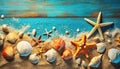 sand with seashells and starfish on wooden turquoise background