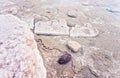 Sand and stones covered with crystalline salt crust on shore of Dead Sea - typical scenery at Ein Bokek beach, Israel Royalty Free Stock Photo