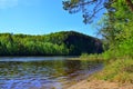 Sand stretch. The river far into the woods. Blooming Apple tree. The River UDA. Eastern Siberia.