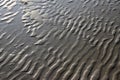 Sand texture. Background with beige fine sand. Sharp lines of waves on sand. Sand surface on the beach, side view.