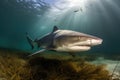 sand tiger shark swimming over rays, hunting for its next meal