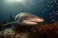 sand tiger shark swimming over rays, hunting for its next meal