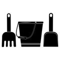 Sand tools bucket rake shovel, black silhouette icon
