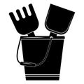 Sand tools icon shovel rake and bucket, isolated illustration black silhouette