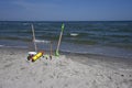 Sand toys on a beach in the sun Royalty Free Stock Photo