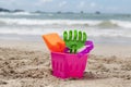 Sand toys waiting for children to play on the beach .Tailand Krabi. Royalty Free Stock Photo