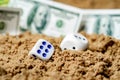 In the sand two game cubes in the foreground, the background is blurred out of focus there money