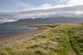 Sand and vegetation at Bertra beach with Croagh Patrick mountain Royalty Free Stock Photo