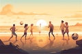 Sand volleyball: illustration of a group of young friends playing volleyball on the sandy beach Royalty Free Stock Photo