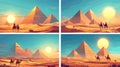 Sand wanderers cartoon vector scenes. Two person group desert sun pyramid camel arabian egyptian bedouins sunlight dune