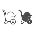 Sand in wheelbarrow line and solid icon, house repair concept, Sand trolley sign on white background, construction