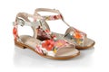 sandal with summery floral print and metallic accents
