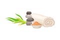 Sandal Wood Powder, Rolled Towel and Hot Stones as Spa Treatment Vector Composition