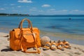 Sandals beach bag and the warm embrace of the sun, beautiful summer photo Royalty Free Stock Photo