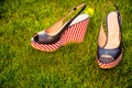 Sandals, lie on the grass in the garden