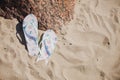 sandals sand. High quality photo Royalty Free Stock Photo