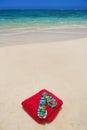 Sandals and a towel on the shore Royalty Free Stock Photo