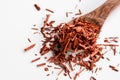 Sandalwood pieces on a wooden spoon on white background